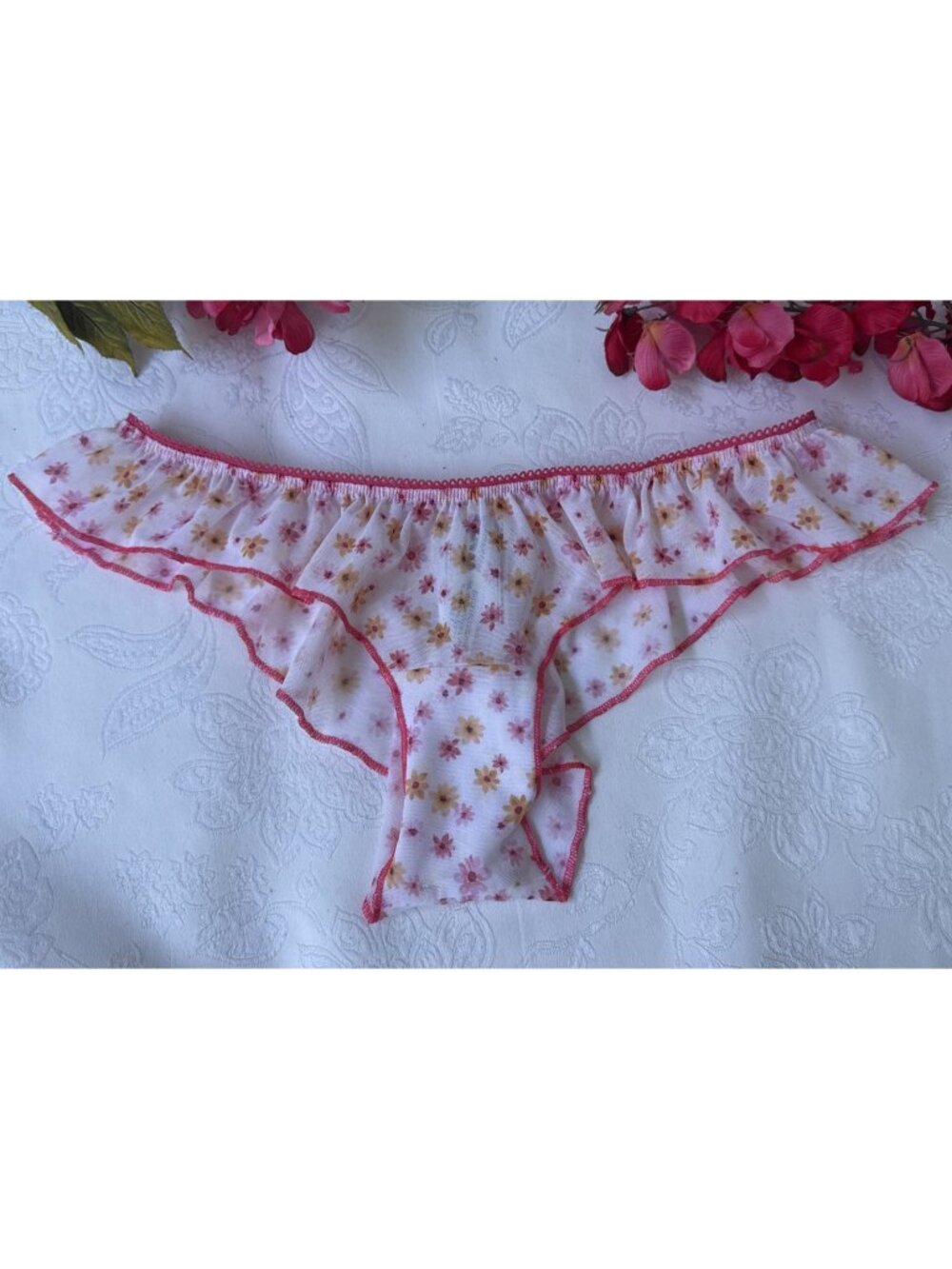 PINK VICTORIA'S SECRET XXL RUFFLEDTANGA SUMMER FLORAL PRINT MESH PANTIES NWT